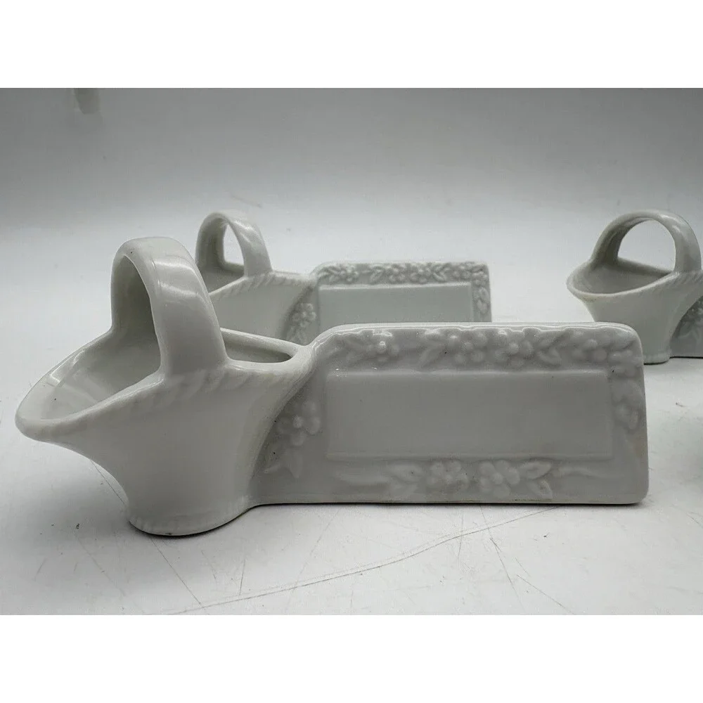 Vintage Fine Porcelain Japan Basket Place Card Holders Set 6 White Floral